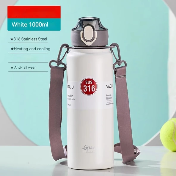 Pipetli Paslanmaz Çelik Termos - 1000ml - Beyaz