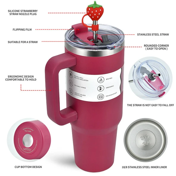 1200ml Paslanmaz Çelik Termos Bardak - Gül Kırmızısı - 11