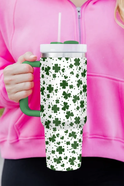Saplı Termos Bardak - Yeşil Yonca Desenli - 1200ml (Koyu Yeşil)