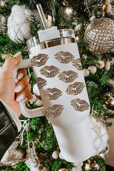 Pipetli Termos Bardak - Leopar Desenli - 40oz (Beyaz)