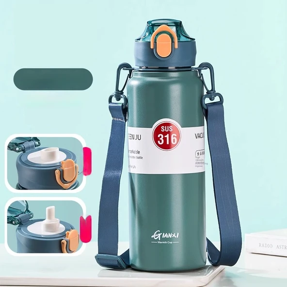 Pipetli Paslanmaz Çelik Termos - 800ml - Yeşil - 2