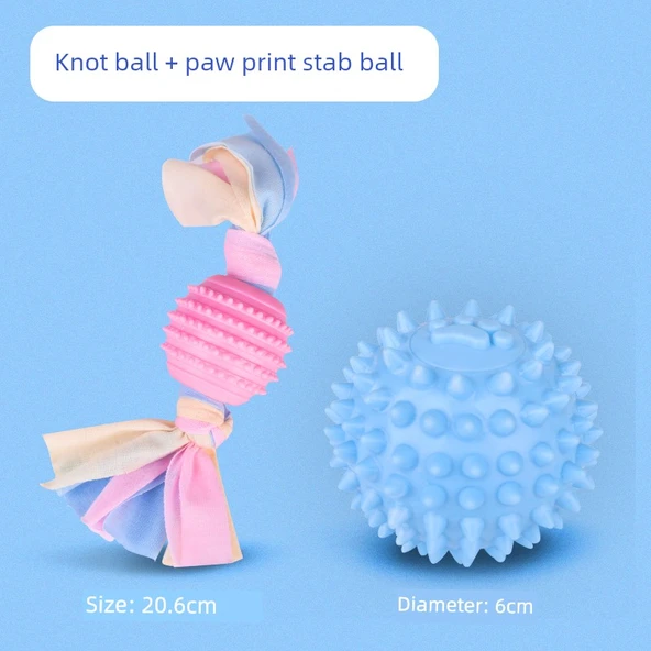 Köpek Çiğneme Oyuncağı - Halat Düğüm Top + Pati Baskılı Top