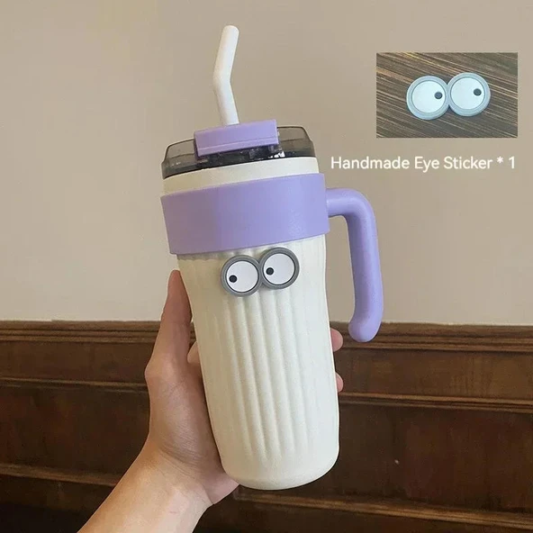 860ML Paslanmaz Çelik Termos - Beyaz - Göz Stickerlı
