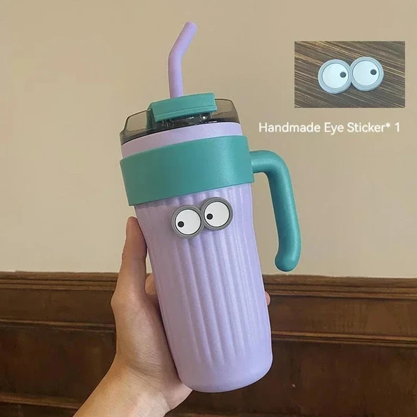 860ML Paslanmaz Çelik Termos - Mor - Göz Stickerlı