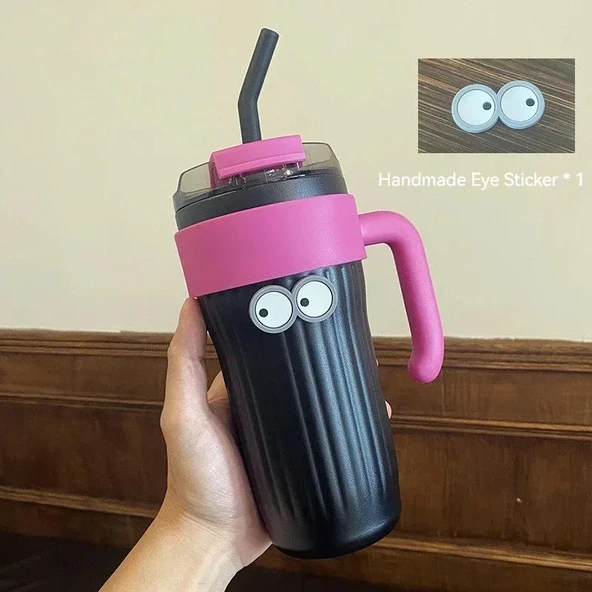 860ML Paslanmaz Çelik Termos - Siyah - Göz Stickerlı