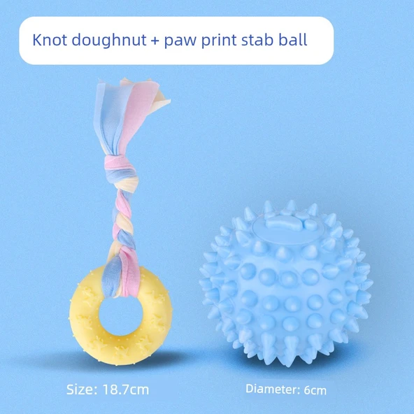 Köpek Diş Kaşıma Oyuncağı - Burgulu Donut + Pati Baskılı Dikenli Top
