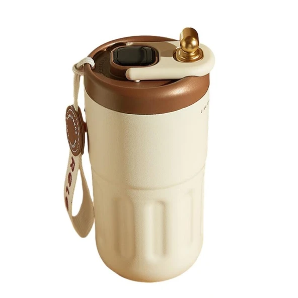 Dijital Ekranlı Seramik Termos Bardak - 410ml - Dumanlı Beyaz
