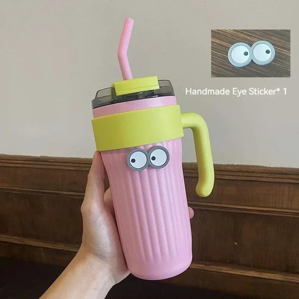 860ML Paslanmaz Çelik Termos - Pembe - Göz Stickerlı