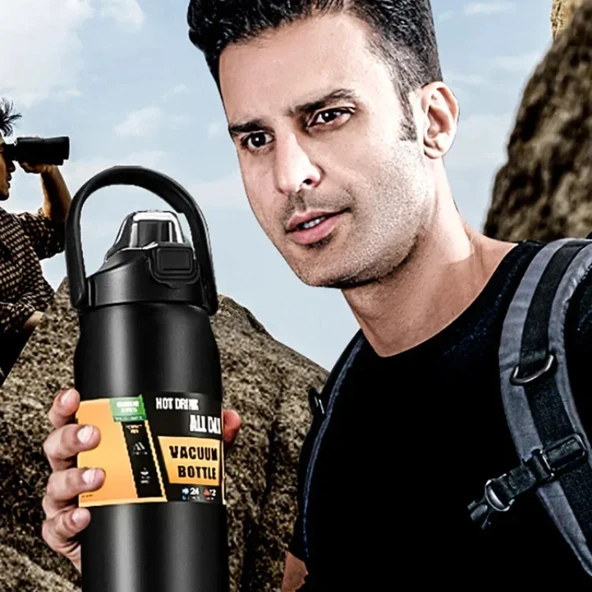 Pipetli Termos Bardak - Paslanmaz Çelik - Siyah - 1000ml - 6