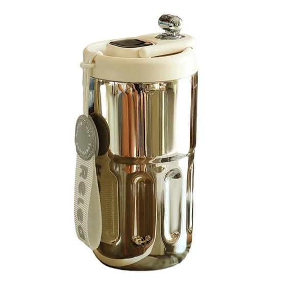 Dijital Ekranlı Seramik Termos Bardak - 410ml - Altın Gümüş