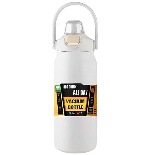 Pipetli Termos Bardak - Paslanmaz Çelik - Beyaz - 800ml