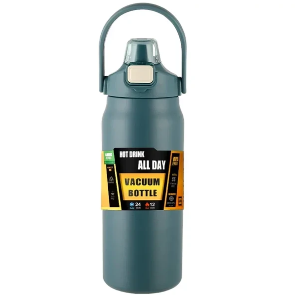 Pipetli Termos Bardak - Paslanmaz Çelik - Mavi - 1000ml