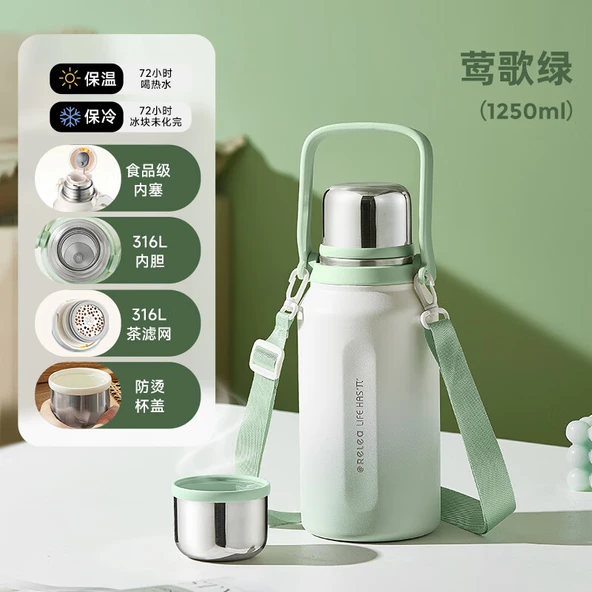 316L Paslanmaz Çelik Termos Bardak - 1250ML - Çay Filtreli - Ying Ge Yeşili - 5