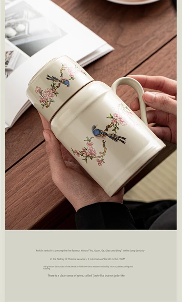 Seramik Termos - Mor Salkım Desenli + Çay Fincanı + Seyahat Çantası - 10
