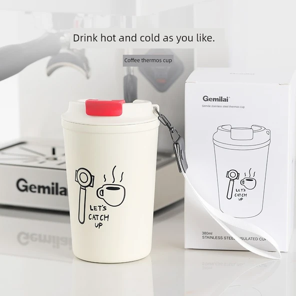 İtalyan Kahve Termos Bardak - Geniş Kapasiteli - Paslanmaz Çelik - 380ml - 2