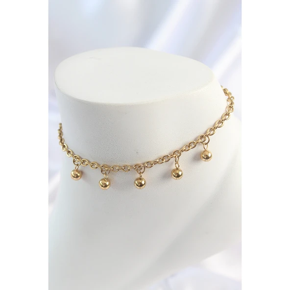316L Çelik Gold Renk Sallantı Topçuk Zincir Model Kadın Halhal - TJ-HH1643