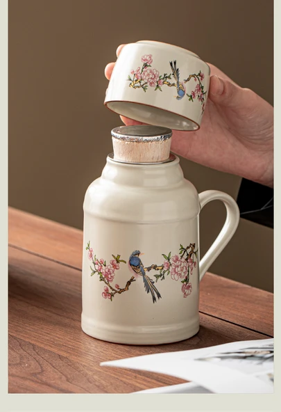 Seramik Termos - Mor Salkım Desenli + Çay Fincanı + Seyahat Çantası - 8