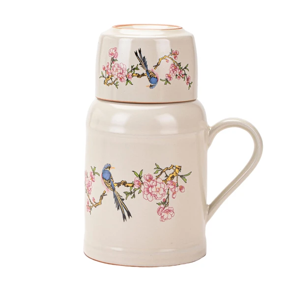 Seramik Termos - Mor Salkım Desenli + Çay Fincanı + Seyahat Çantası - 6