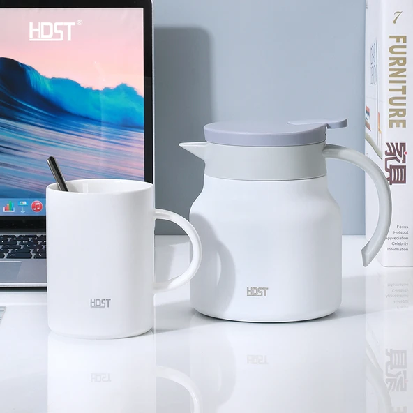 Termos ve Bardak Seti - 304 Paslanmaz Çelik - Beyaz - 800ml