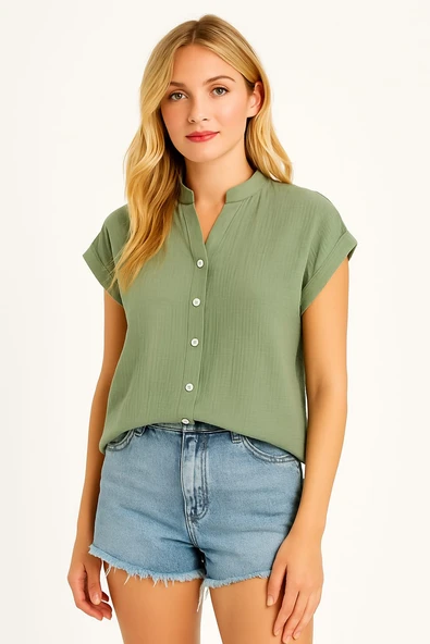 Kadın kısa kollu v yakalı önden düğmeli muslin gömlek - 3