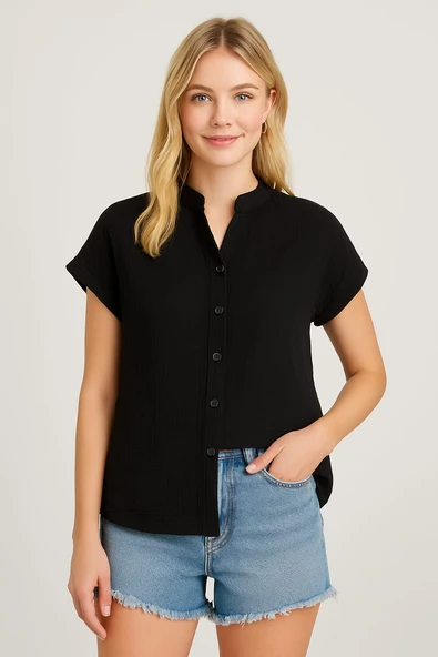 Kadın kısa kollu v yakalı önden düğmeli muslin gömlek - 4