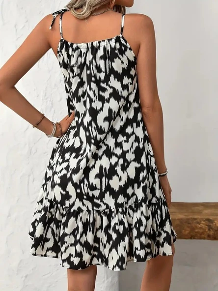 Kadın omuzdan bağlamalı desenli fırfırlı süprem elbise - 4