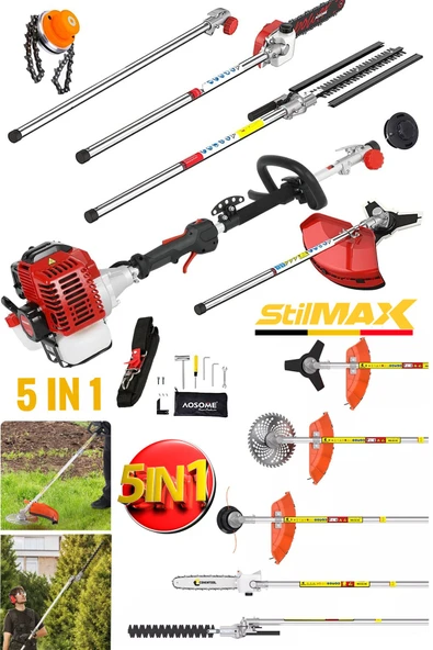 Stilmax Multi 5IN1 Bahçe Tırpan Seti Güçlü Super 20HPX Motorlu, Benzinli Budama Çit Biçme Testere