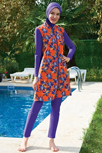 Ruko Maio 2421-3 Desenli Önden Fermuarlı Likralı Paraşüt Su İtici ve Çabuk Kuruyan Kumaş Tesettür Mayo