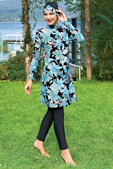 Ruko Maio 2431-6 Büyük Beden Desenli Likralı Su İtici ve Çabuk Kuruyan Kumaş Tam Tesettür Mayo