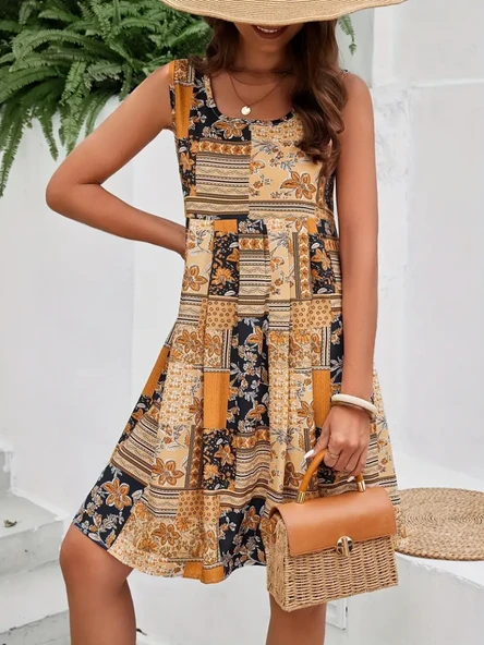 Kadın sıfır kol yuvarlak yaka çiçek desenli süprem elbise