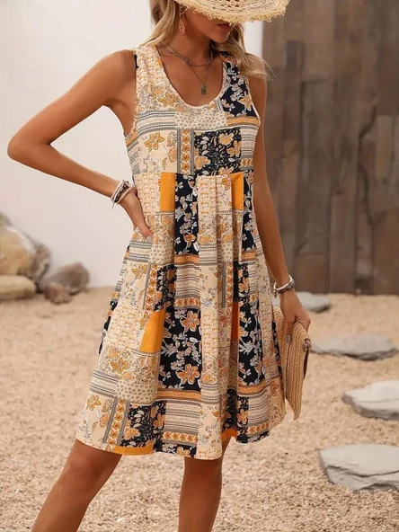 Kadın sıfır kol yuvarlak yaka çiçek desenli süprem elbise - 2