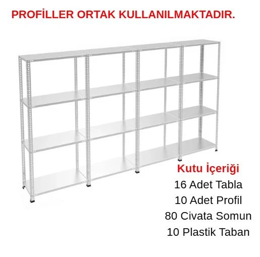 4 Katlı 4'lü Galvaniz Çelik Raf - Depo, Arşiv, Kiler, Dosya, Market Rafı  43x93 cm 200 cm 0.70 mm ürün görseli