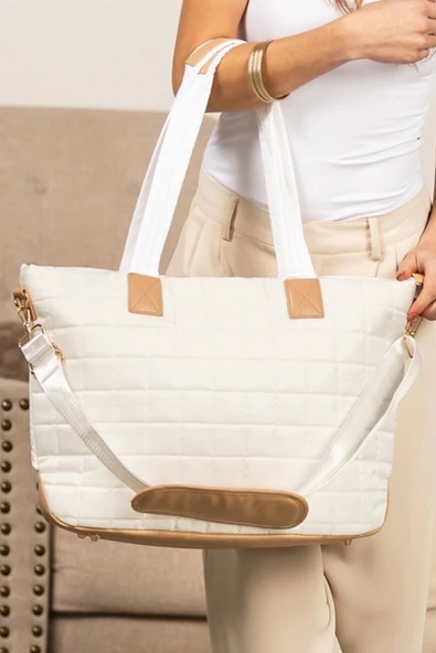 Kapitone Patchwork Büyük Tote Çanta ve Portföy Çanta 2'li Set (Beyaz) - 5