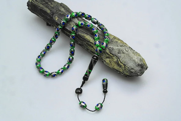 Oltu Taşı ve Yeşil Galalith  Çift Çeşmi İşlemeli Tespih - Resim 2