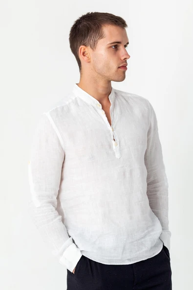 Comfort Fit Rahat Kesim 4 Düğmeli Hakim Yaka Yüzde Yuz Keten Kumaşdan Rahat Gömlek