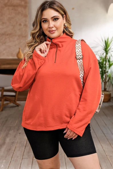 Büyük Beden Fermuarlı Cepli Sweatshirt (Turuncu)