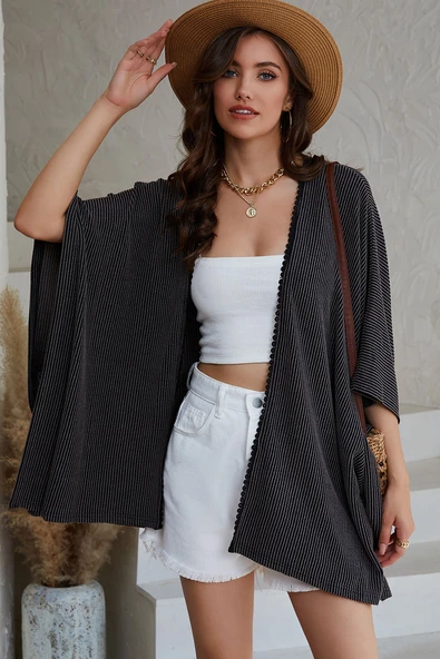 Kadın Dantel Detaylı Kimono (Siyah)