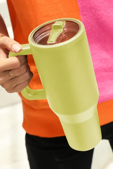 Pipetli Büyük Boy Termos Bardak - 1.2L (Armut Yeşili)