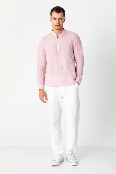 Comfort Fit Rahat Kesim 4 Düğmeli Hakim Yaka Yüzde Yuz Keten Kumaşdan Rahat Gömlek - 11