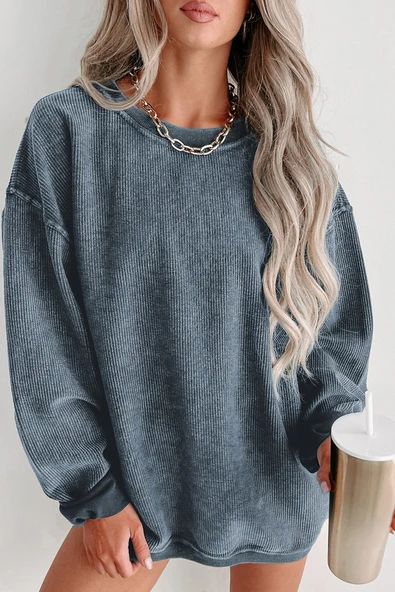 Kadın Bisiklet Yaka Örme Sweatshirt (Mavi)