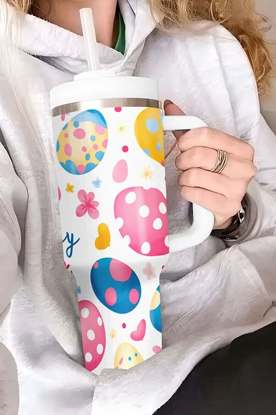 Tavşan ve Yumurta Desenli Termal Bardak - Beyaz - 40oz (Beyaz)