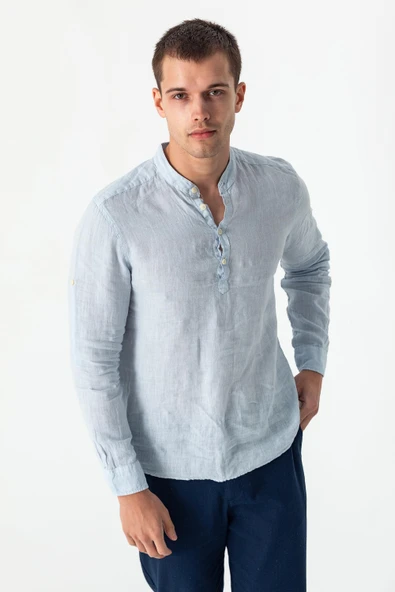 Comfort Fit Rahat Kesim 4 Düğmeli Hakim Yaka Yüzde Yuz Keten Kumaşdan Rahat Gömlek - 10