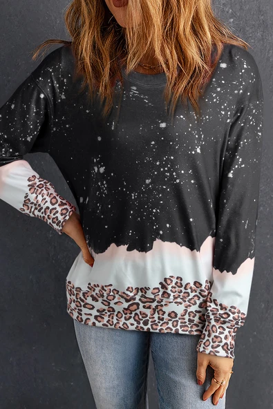 Kadın Leopar Desenli Sweatshirt (Siyah)