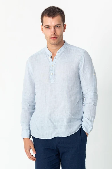 Comfort Fit Rahat Kesim 4 Düğmeli Hakim Yaka Yüzde Yuz Keten Kumaşdan Rahat Gömlek - 6