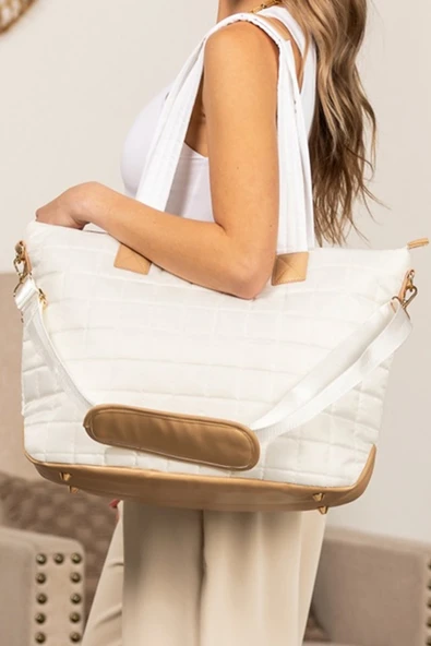 Kapitone Patchwork Büyük Tote Çanta ve Portföy Çanta 2'li Set (Beyaz)
