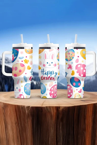 Tavşan ve Yumurta Desenli Termal Bardak - Beyaz - 40oz (Beyaz) - 8