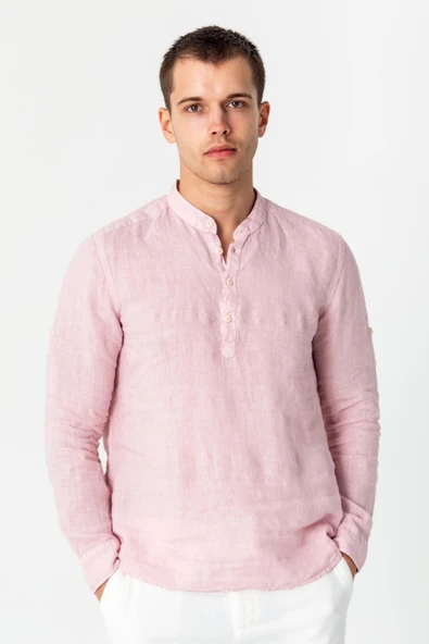 Comfort Fit Rahat Kesim 4 Düğmeli Hakim Yaka Yüzde Yuz Keten Kumaşdan Rahat Gömlek - 12