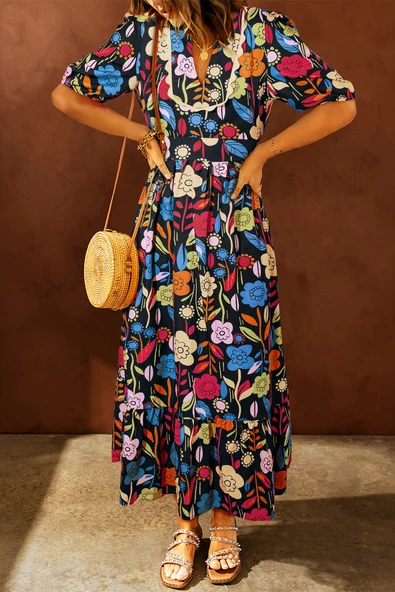 Kadın Retro Çiçek Desenli Maxi Elbise (Siyah)