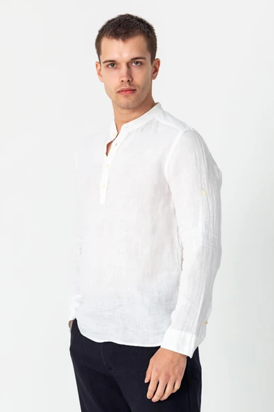 Comfort Fit Rahat Kesim 4 Düğmeli Hakim Yaka Yüzde Yuz Keten Kumaşdan Rahat Gömlek - 4