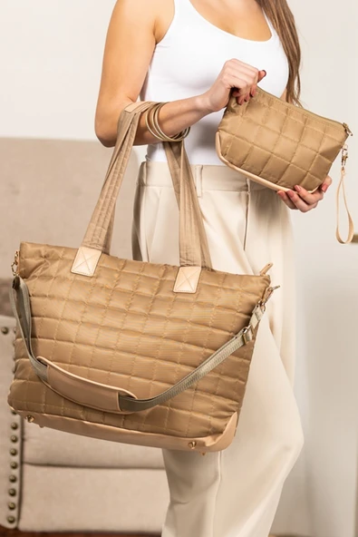 Kadın Kapitone Patchwork Büyük Tote Çanta ve Portföy Çanta 2'li Set (Deve Tüyü)